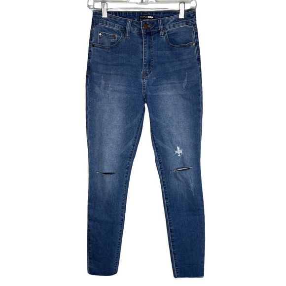 Fashion Nova Jeans Juniors 7‎ 27" Blue Skinny Jeans Skinnies Fading Whiskering - Picture 1 of 6